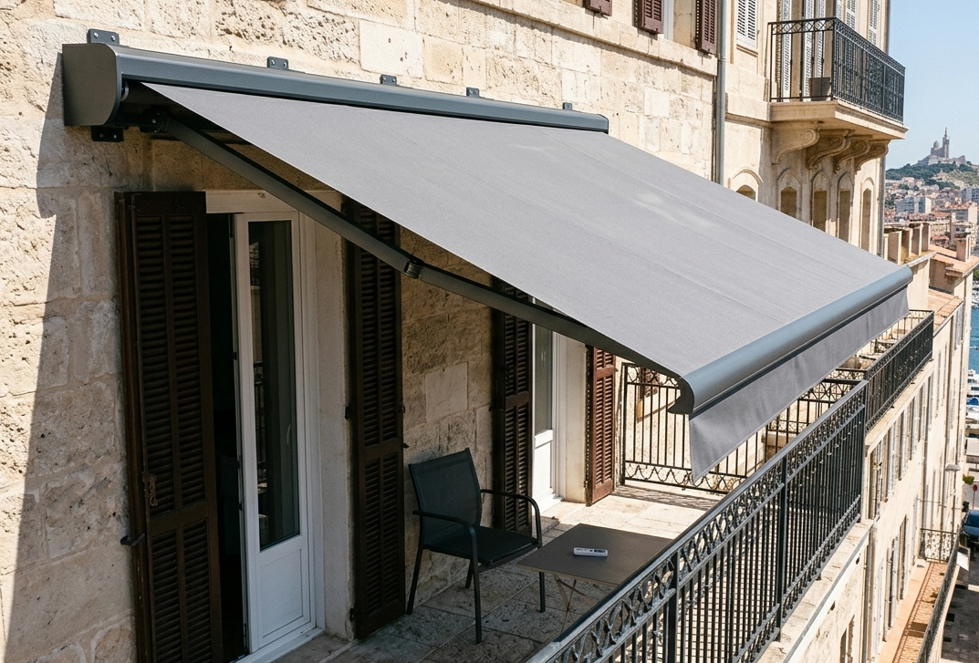 Store extérieur motorisé installé sur un balcon à Marseille 13002