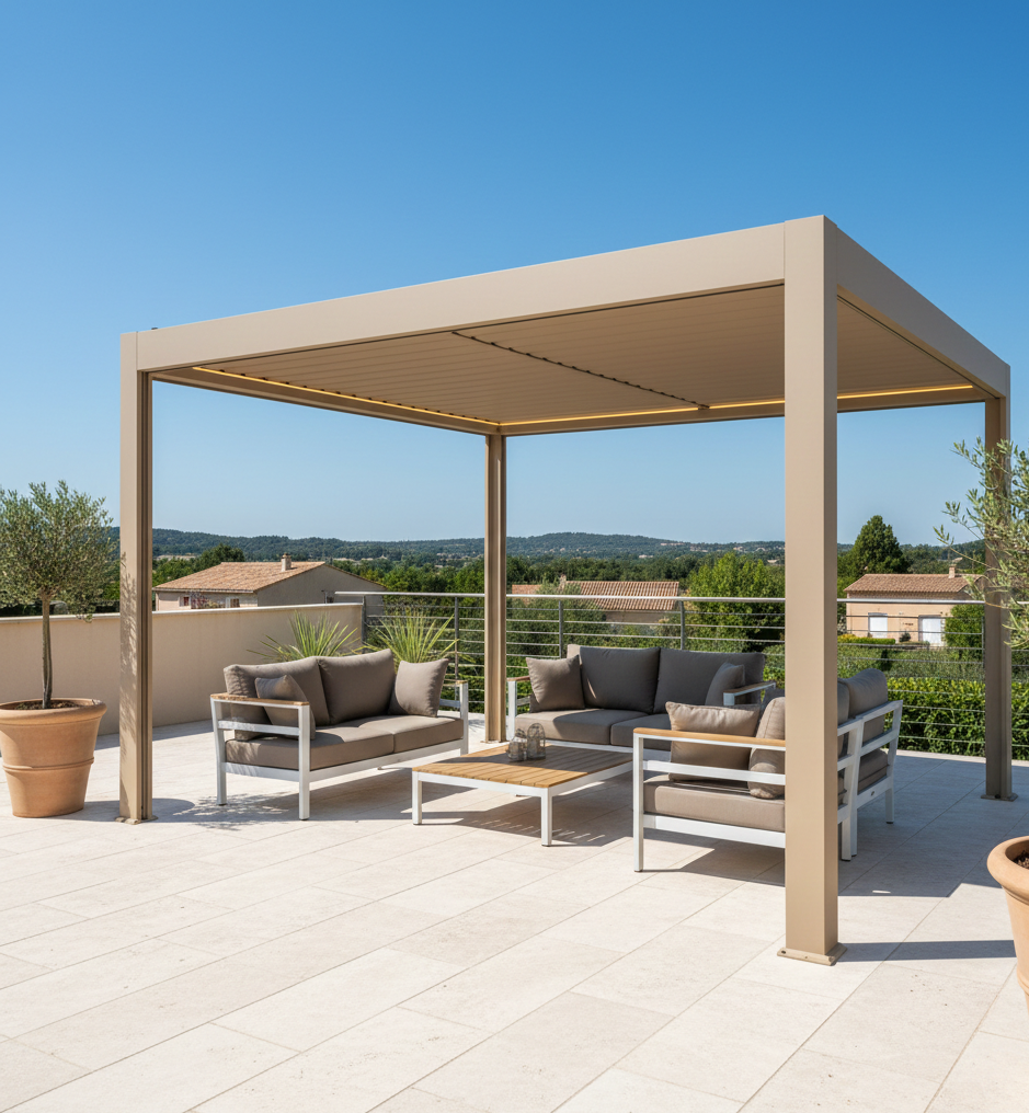 PERGOLA EN ALU COULEUR SABLEE RAL 1039 AVEC RAMPES LED INTEGREES INSTALLEE A VITROLLES