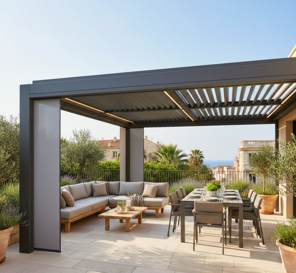 Pergola Bioclimatique a lames orientables en alu sur mesure avec stores latéraux motorisés RAL 7016 à Marseille 13008
