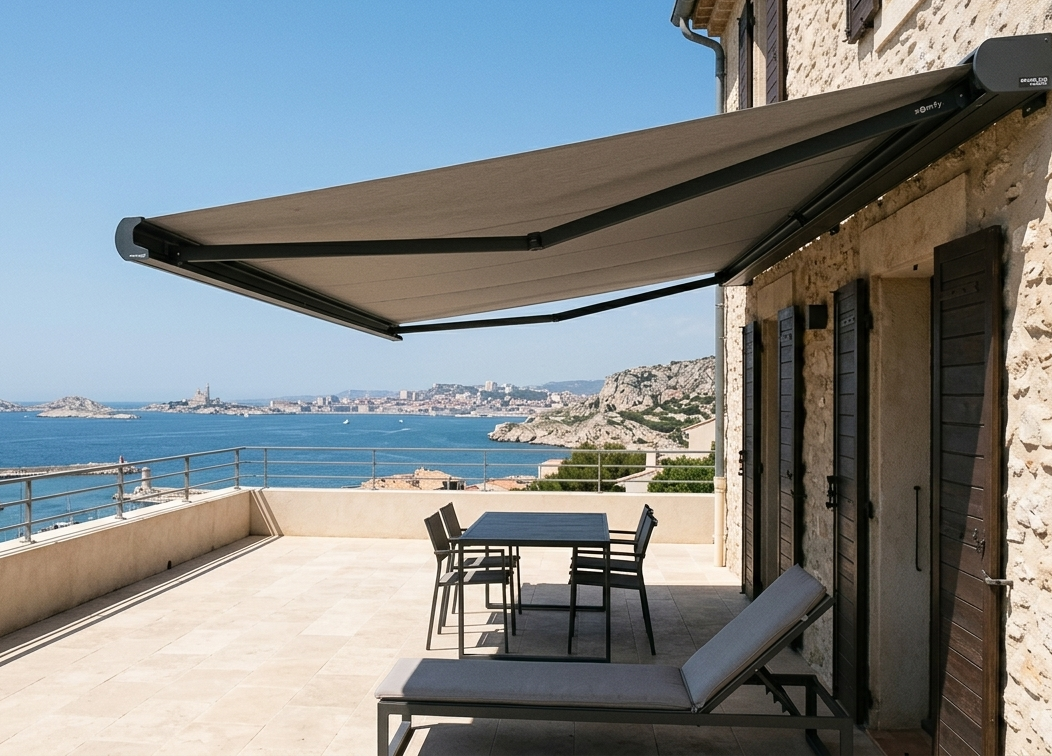 Store extérieur motorisé installé sur une terrasse à Marseille 13007