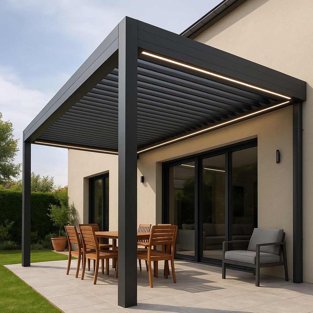 Pergola bioclimatique en alu avec lames orientables motorisées et éclairage LED à Marseille 13008