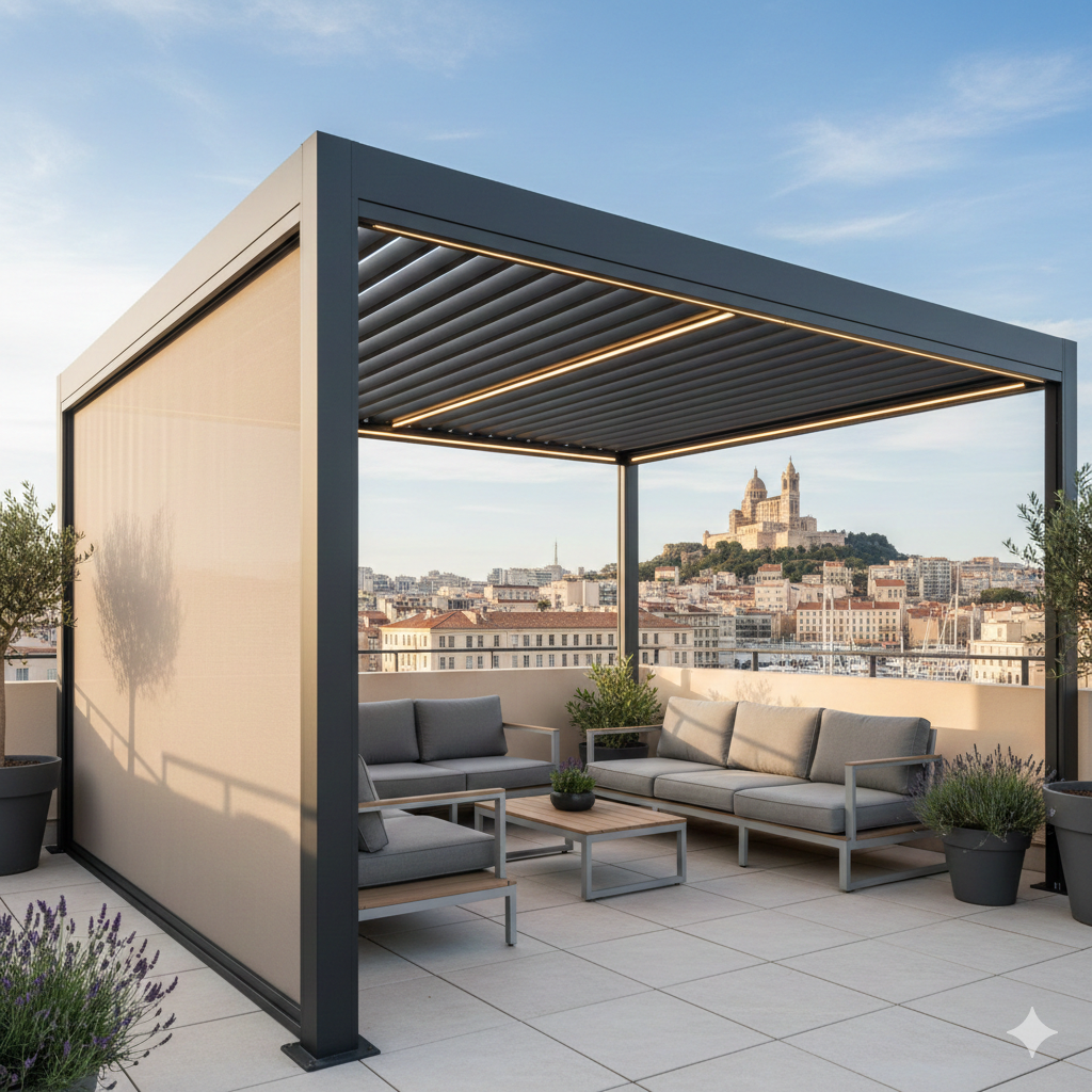 Pergola bioclimatique aluminium 4x3m avec store latéral motorisée et rampe led à Marseille 13001
