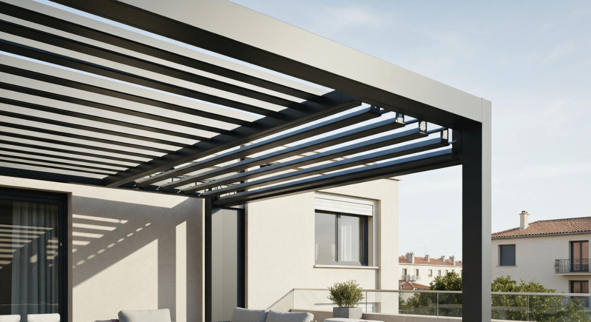 Pergola bioclimatique moderne avec lames orientables sur une terrasse ensoleillée à Marseille