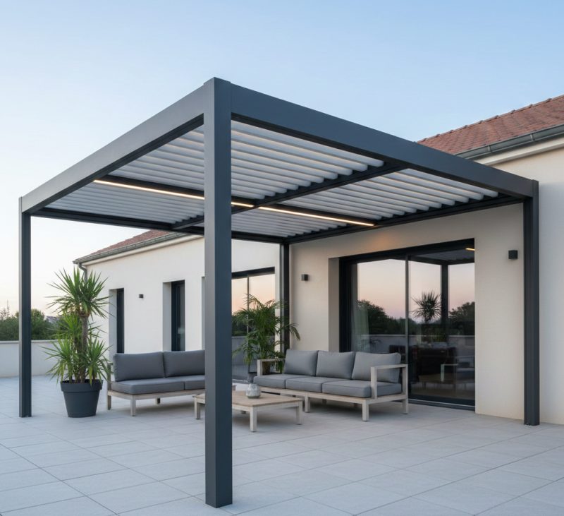 Pergola bioclimatique OPEN auto-portée RAL 7016 à lames orientables et rampes LED intégrée installée à la Ciotat