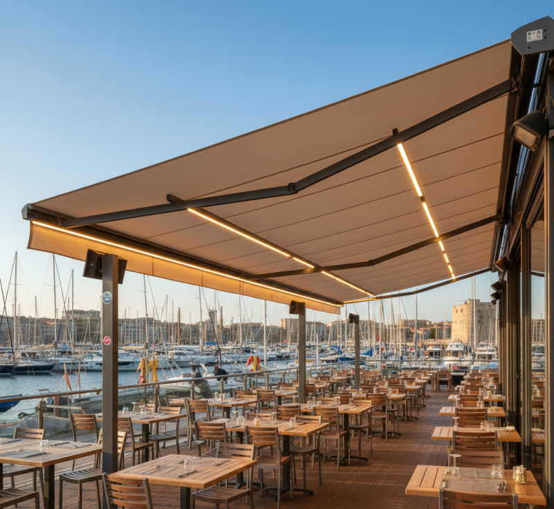Store banne coffre 6M/4M double pente, moorisation et capteurs automatiques, éclairage LED installé à Marseille sur le Vieux Port pour un restaurant  
